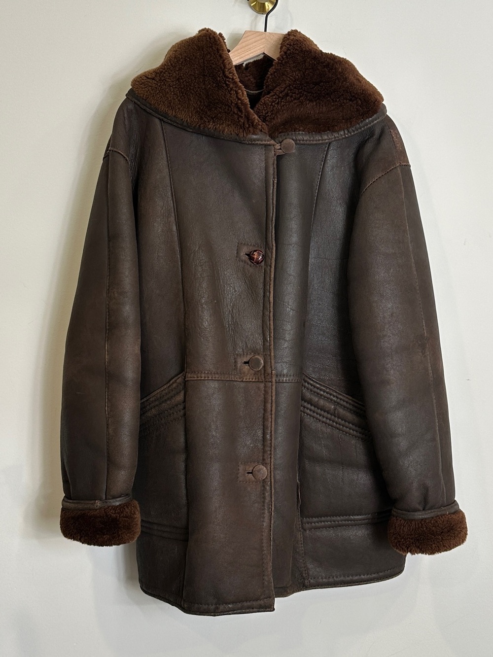 Vintage Genuine Shearling Distressed Leather Coat | Chocolate Brown High Collar